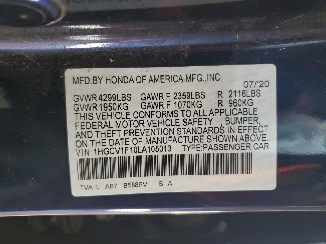 1HGCV1F10LA105013 2020 Honda Accord Lx