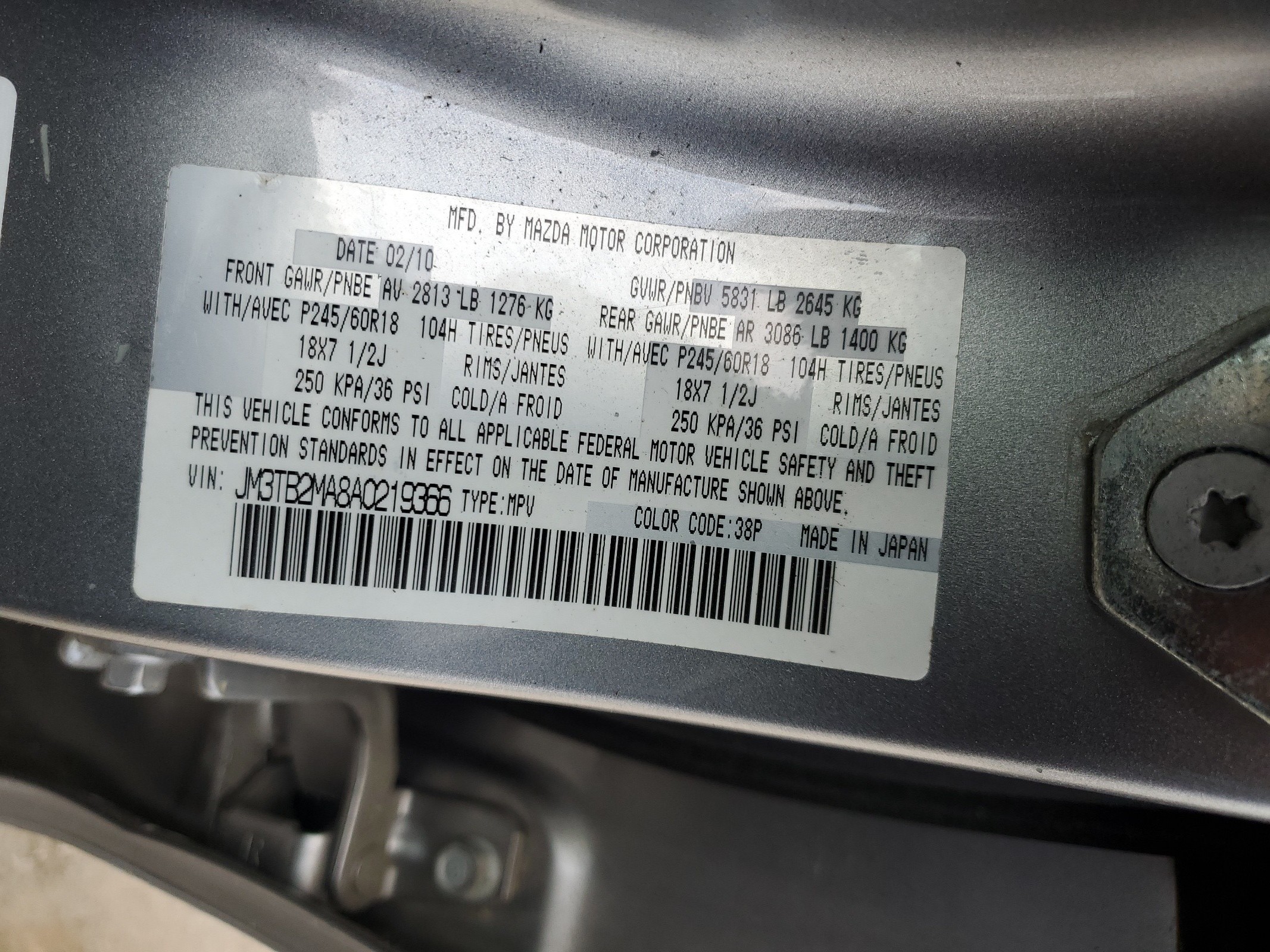 JM3TB2MA8A0219366 2010 Mazda Cx-9