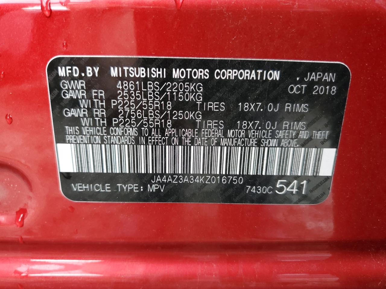 JA4AZ3A34KZ016750 2019 Mitsubishi Outlander Se