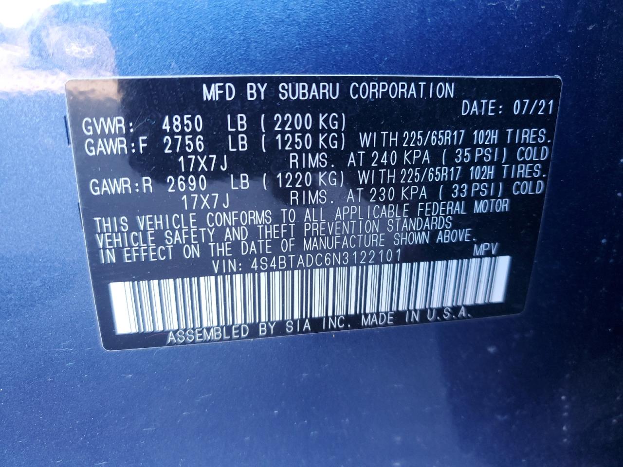 4S4BTADC6N3122101 2022 Subaru Outback Premium