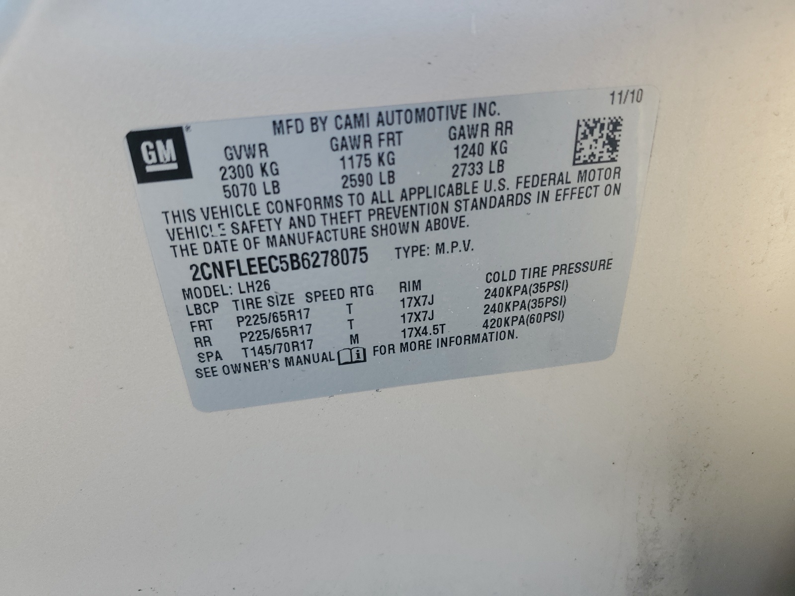 2CNFLEEC5B6278075 2011 Chevrolet Equinox Lt