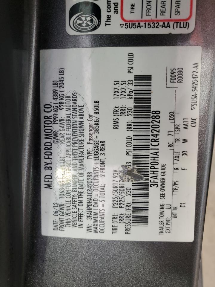 2012 Ford Fusion Se VIN: 3FAHP0HA1CR420288 Lot: 68122984