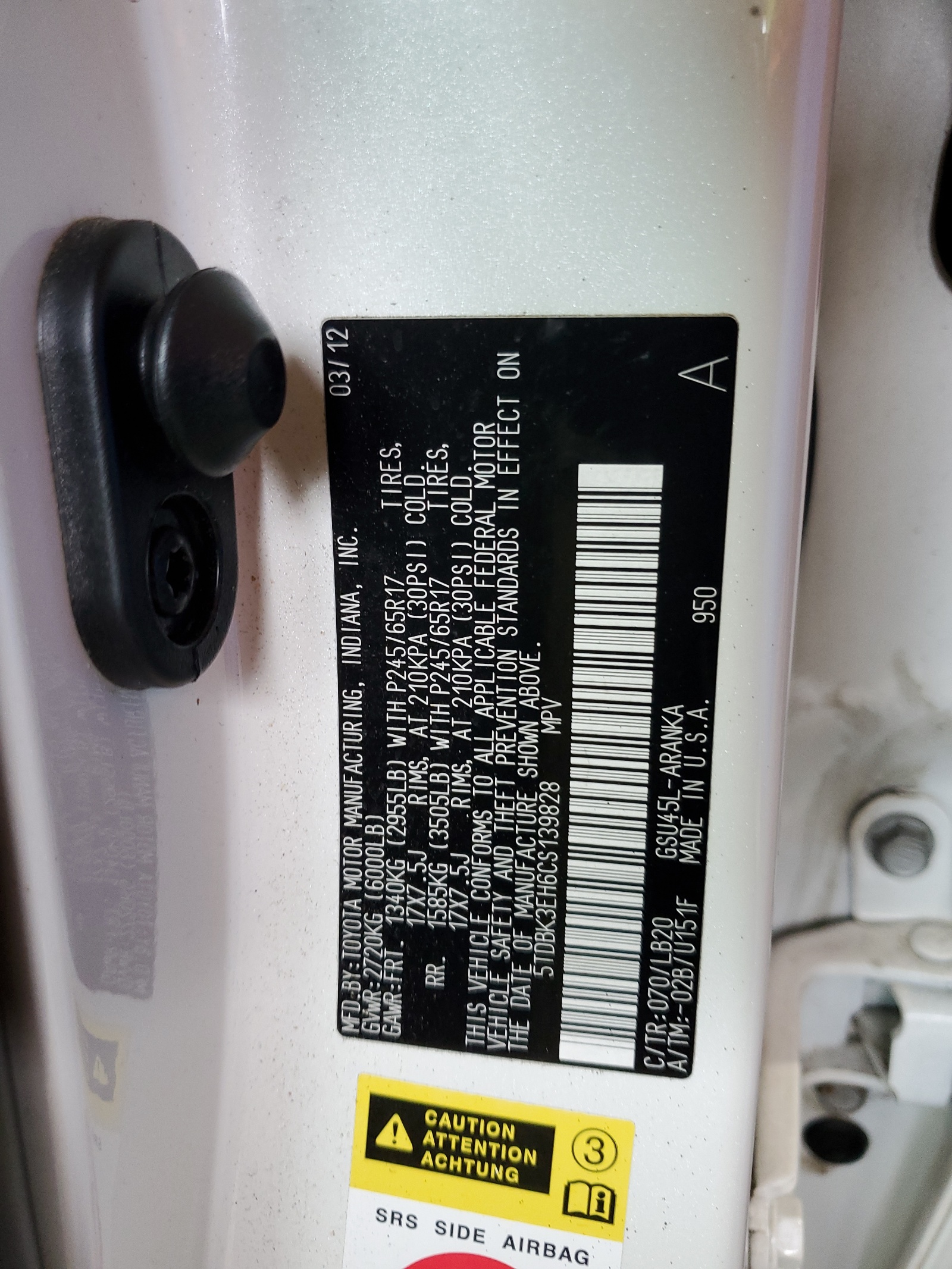 5TDBK3EH6CS139828 2012 Toyota Highlander Base