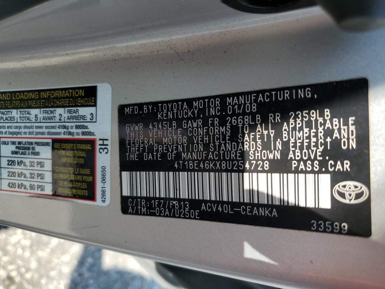 4T1BE46KX8U254728 2008 Toyota Camry Ce