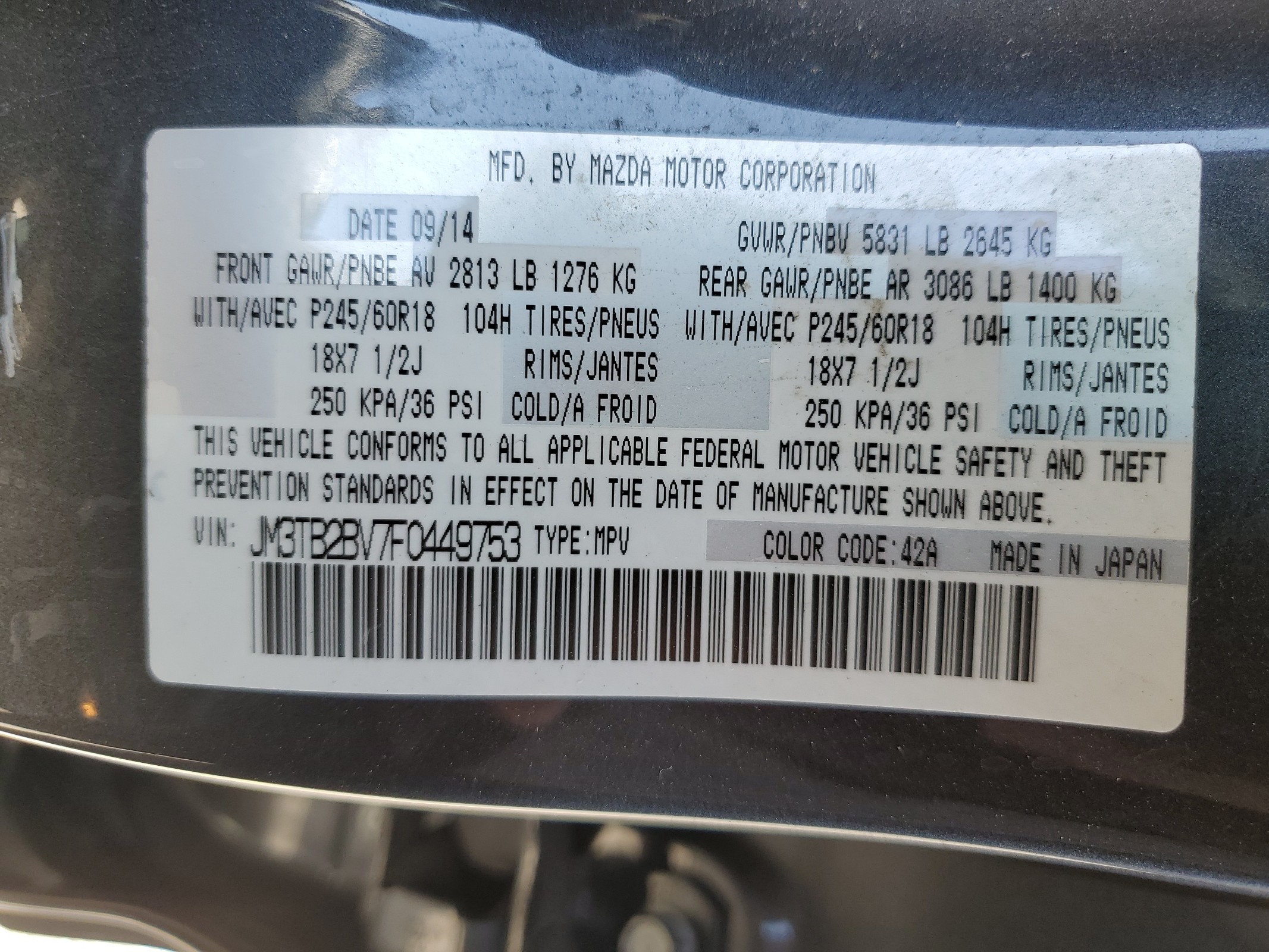 JM3TB2BV7F0449753 2015 Mazda Cx-9 Sport