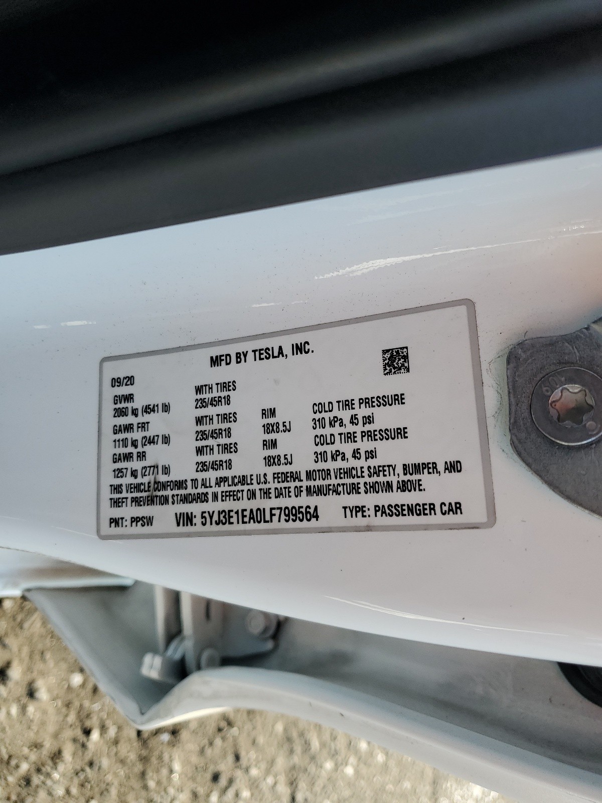 5YJ3E1EA0LF799564 2020 Tesla Model 3