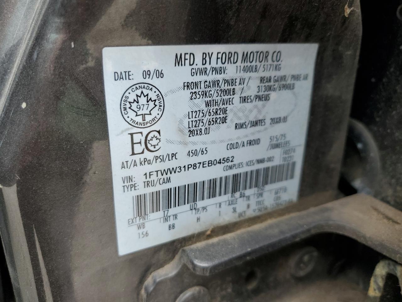 2007 Ford F350 Srw Super Duty VIN: 1FTWW31P87EB04562 Lot: 68533634