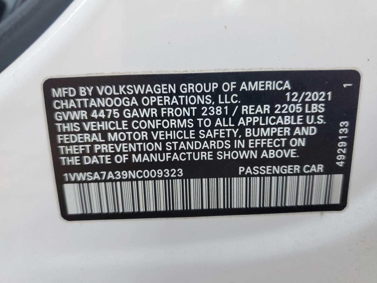 2022 Volkswagen Passat Se VIN: 1VWSA7A39NC009323 Lot: 68013854