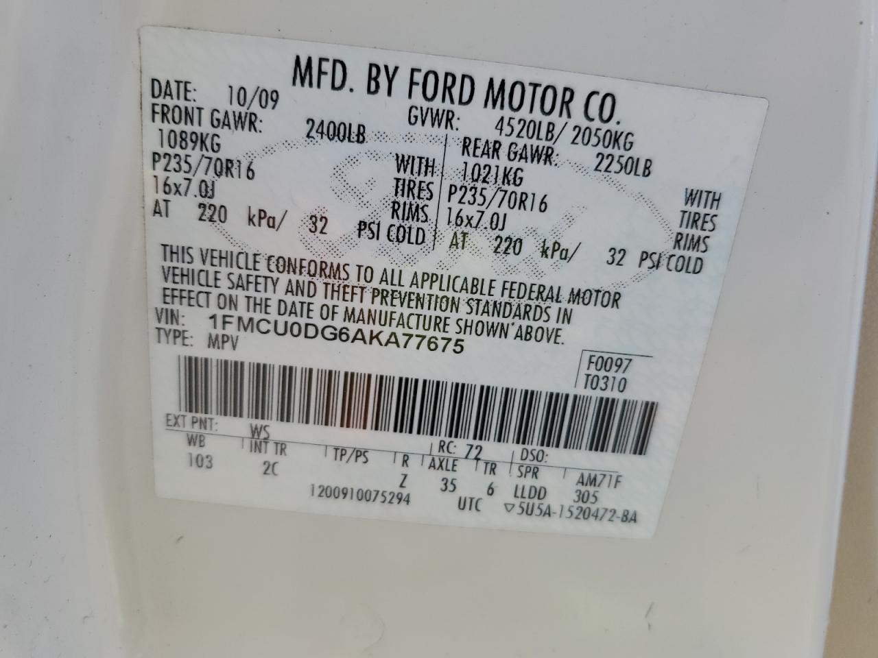 1FMCU0DG6AKA77675 2010 Ford Escape Xlt