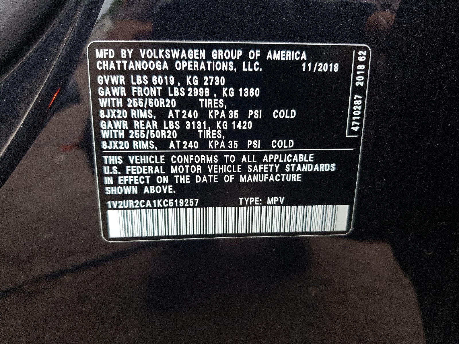 1V2UR2CA1KC519257 2019 Volkswagen Atlas Se