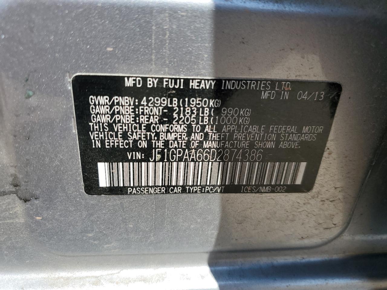 2013 Subaru Impreza VIN: JF1GPAA66D2874386 Lot: 65861574