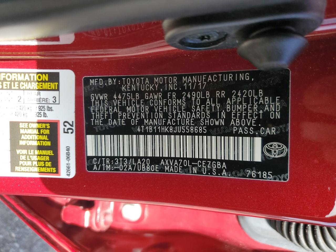 4T1B11HK8JU558685 2018 Toyota Camry L