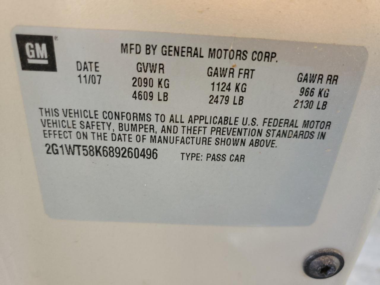 2008 Chevrolet Impala Lt VIN: 2G1WT58K689260496 Lot: 67360954