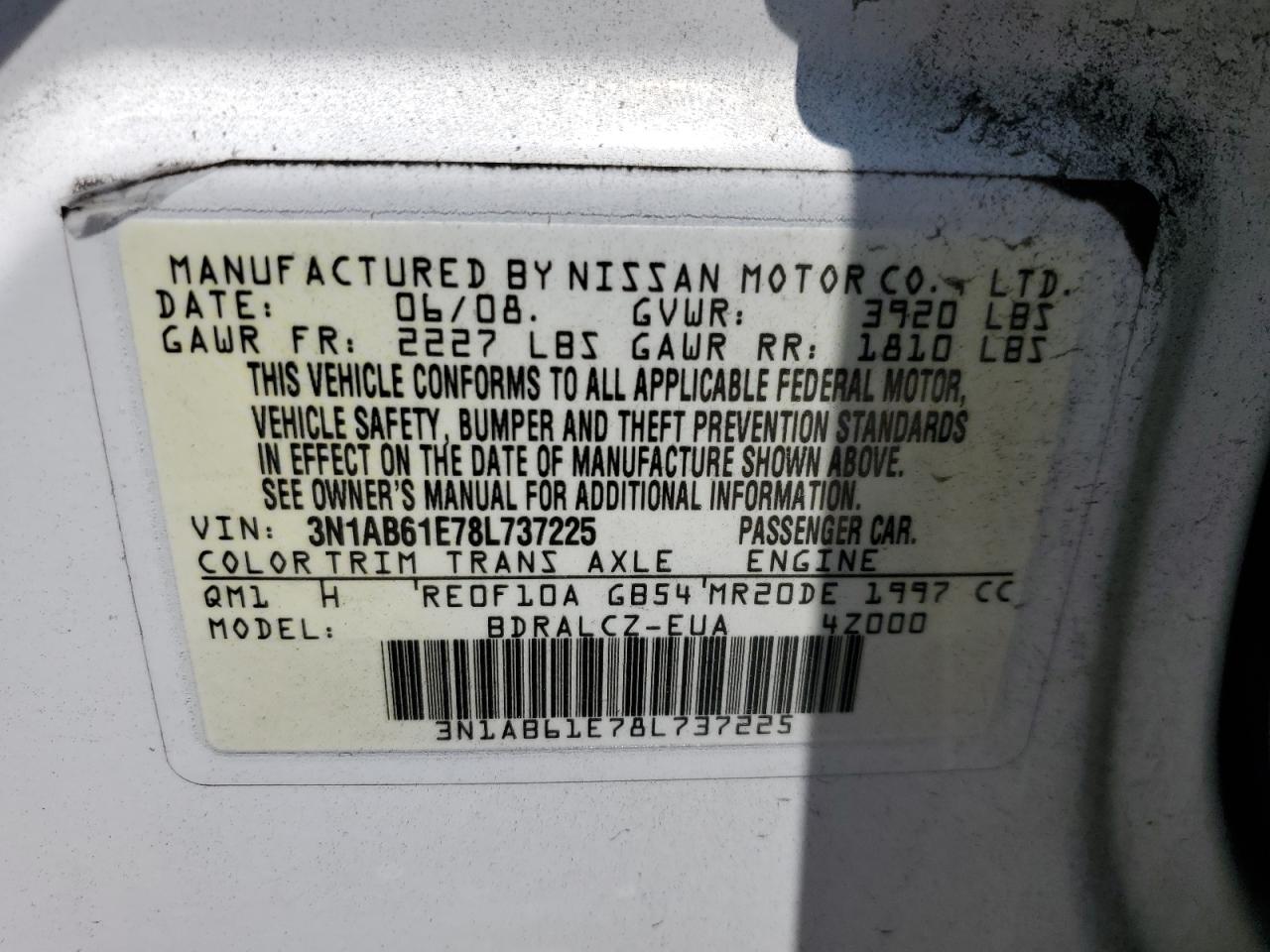 2008 Nissan Sentra 2.0 VIN: 3N1AB61E78L737225 Lot: 65653744