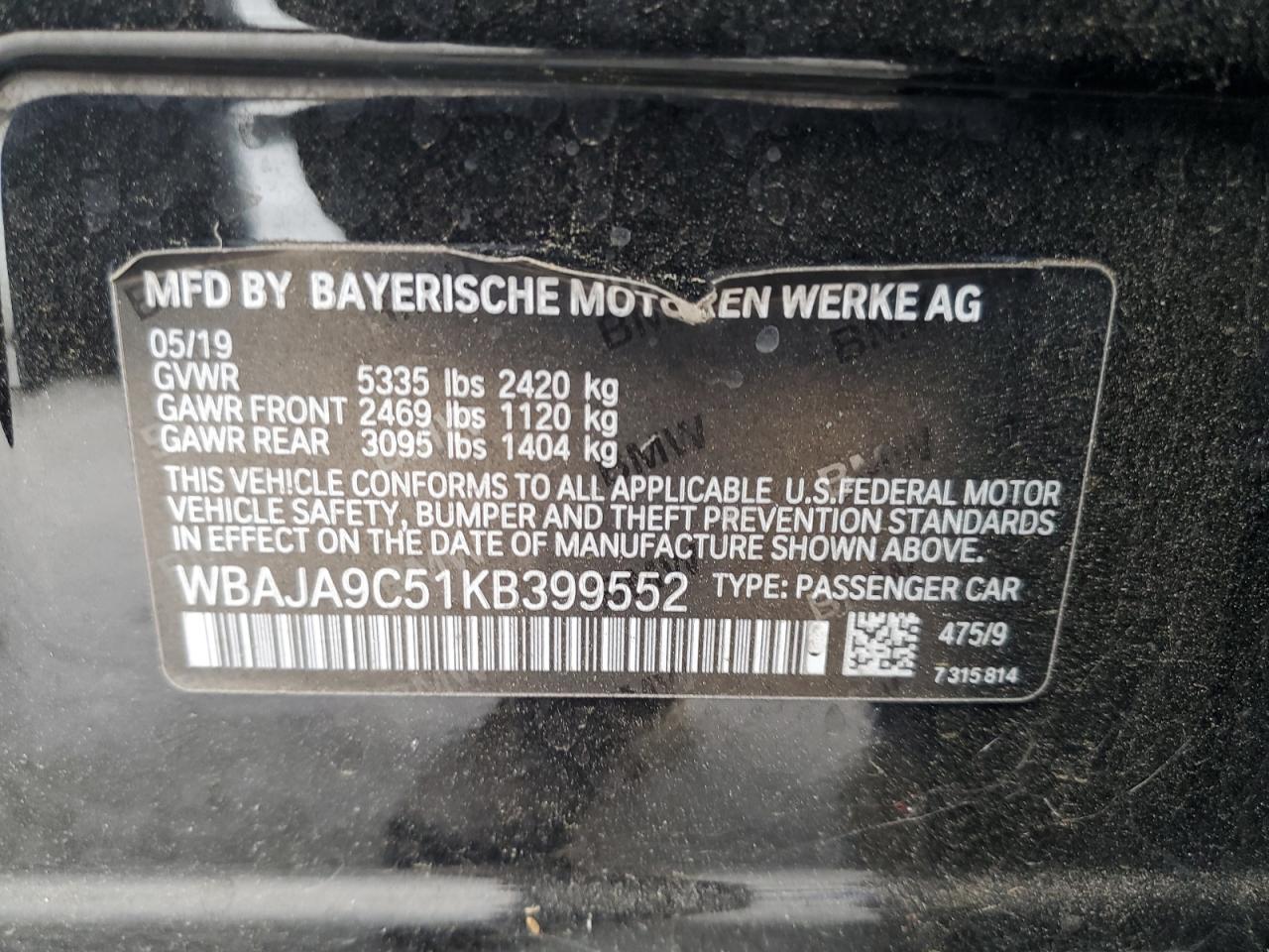 WBAJA9C51KB399552 2019 BMW 530E