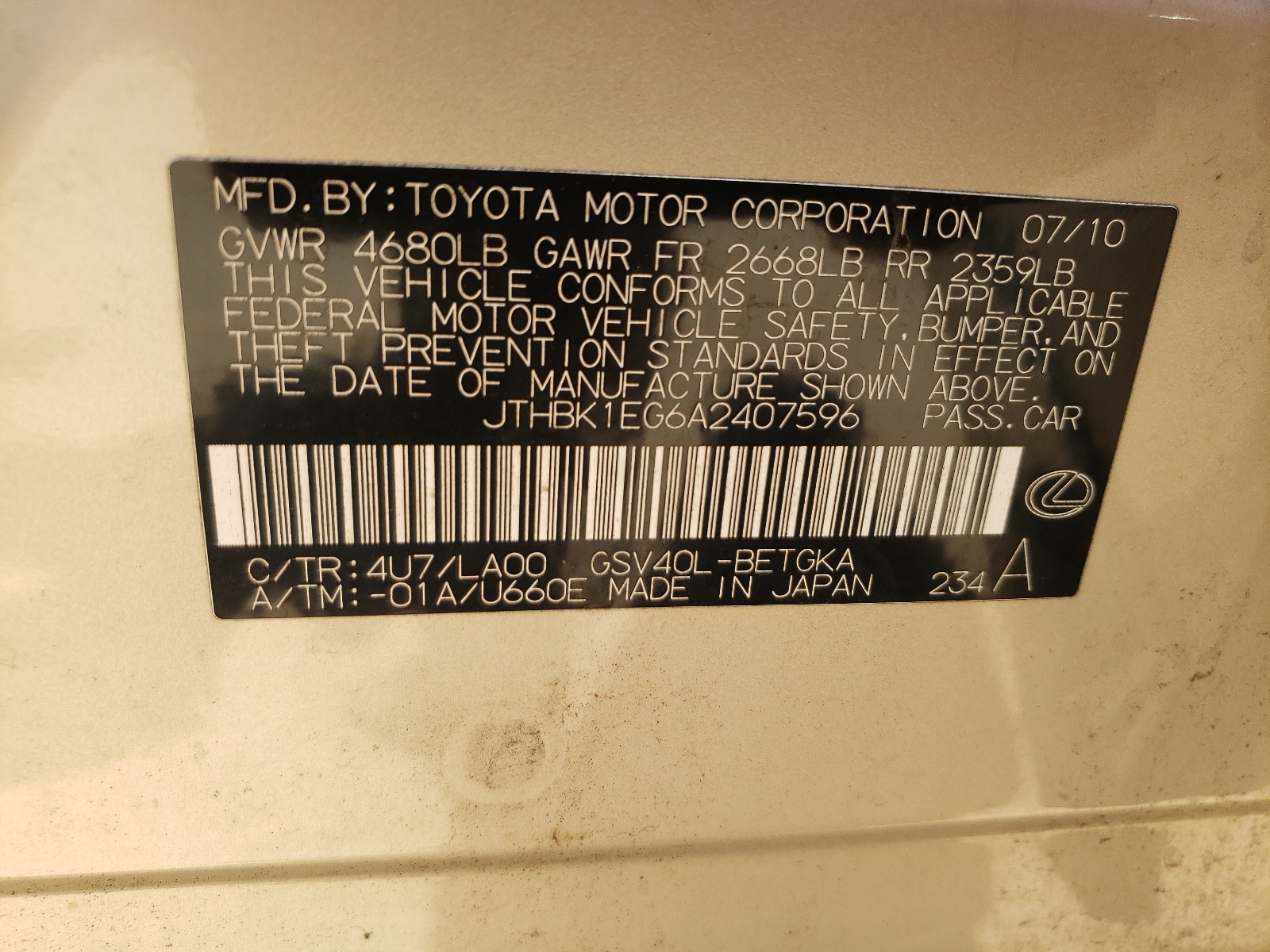 JTHBK1EG6A2407596 2010 Lexus Es 350