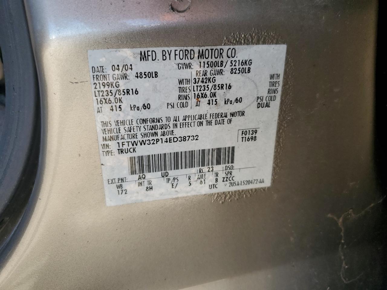 2004 Ford F350 Super Duty VIN: 1FTWW32P14ED38732 Lot: 66930594