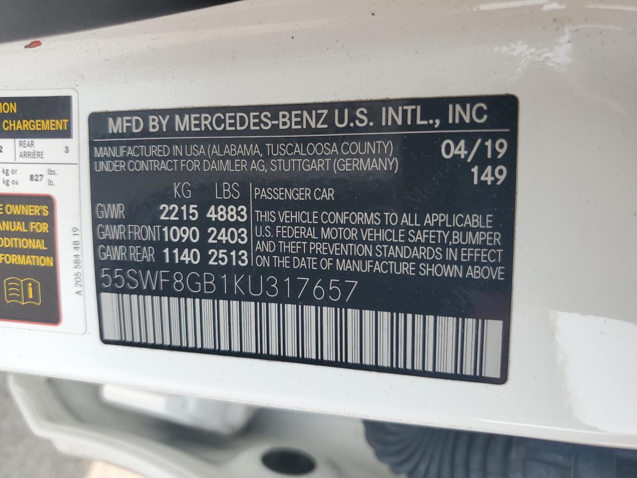 2019 Mercedes-Benz C 63 Amg VIN: 55SWF8GB1KU317657 Lot: 66807724