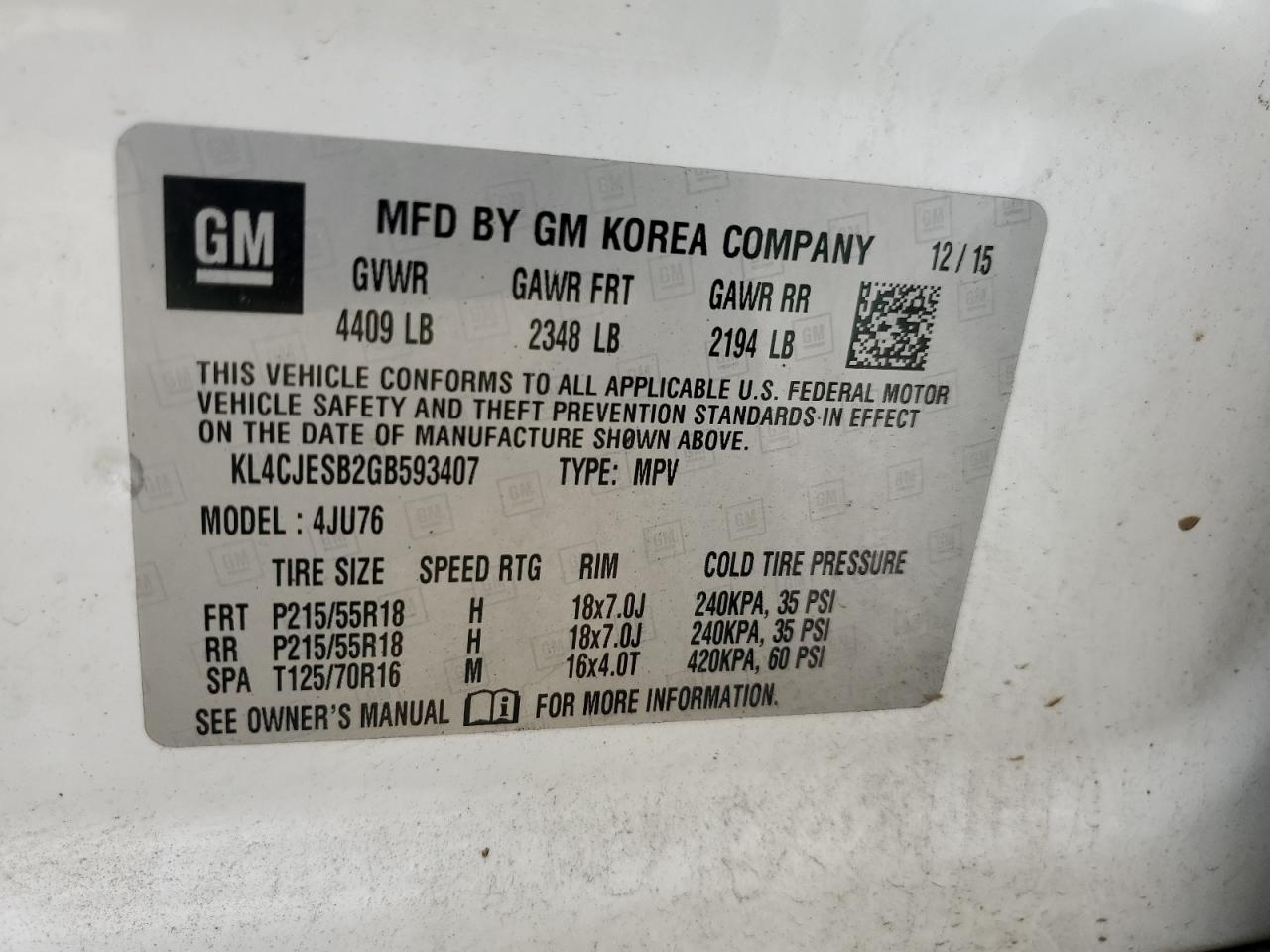 KL4CJESB2GB593407 2016 Buick Encore