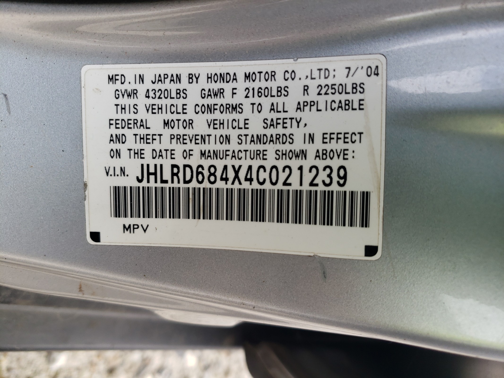 JHLRD684X4C021239 2004 Honda Cr-V Lx