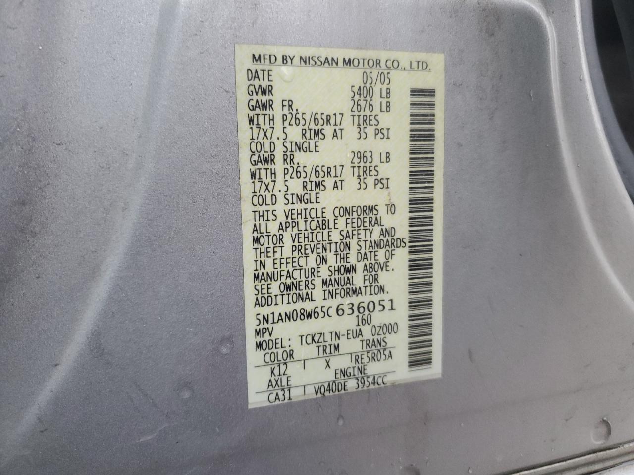 2005 Nissan Xterra Off Road VIN: 5N1AN08W65C636051 Lot: 67123274