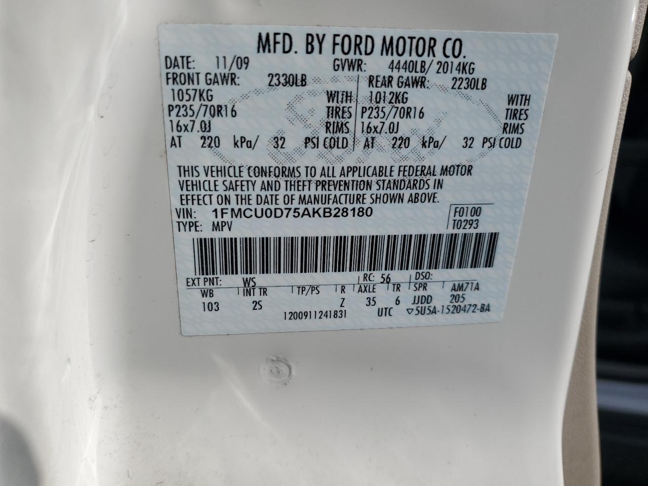 2010 Ford Escape Xlt VIN: 1FMCU0D75AKB28180 Lot: 66894634