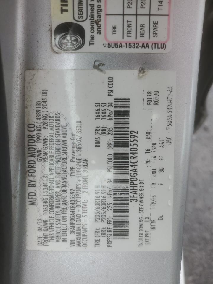 2012 Ford Fusion S VIN: 3FAHP0GA4CR405592 Lot: 66430364