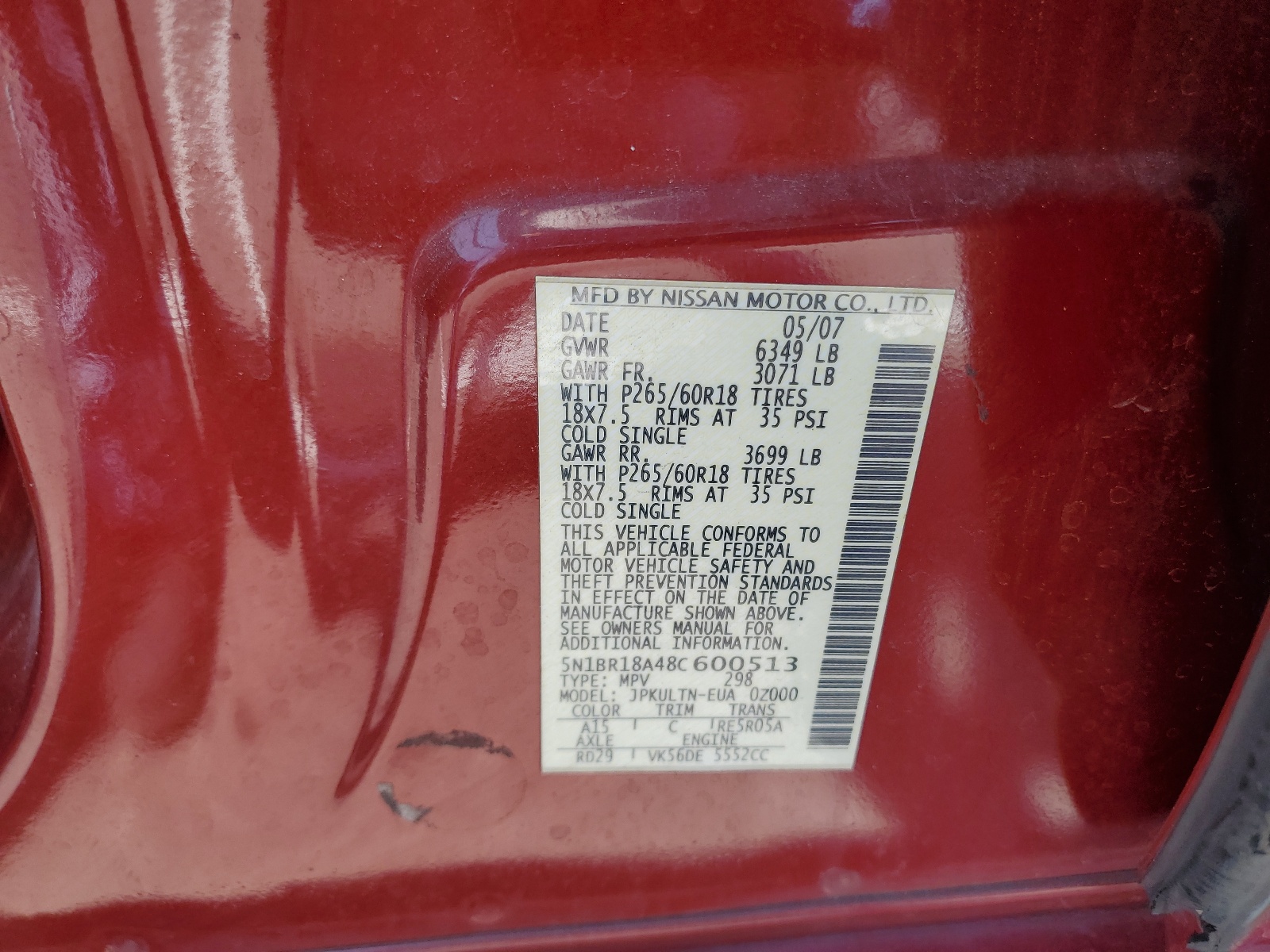 5N1BR18A48C600513 2008 Nissan Pathfinder Le