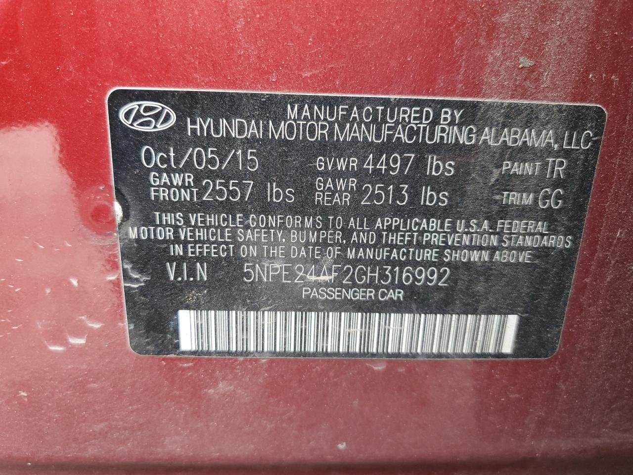 2016 Hyundai Sonata Se VIN: 5NPE24AF2GH316992 Lot: 67570414