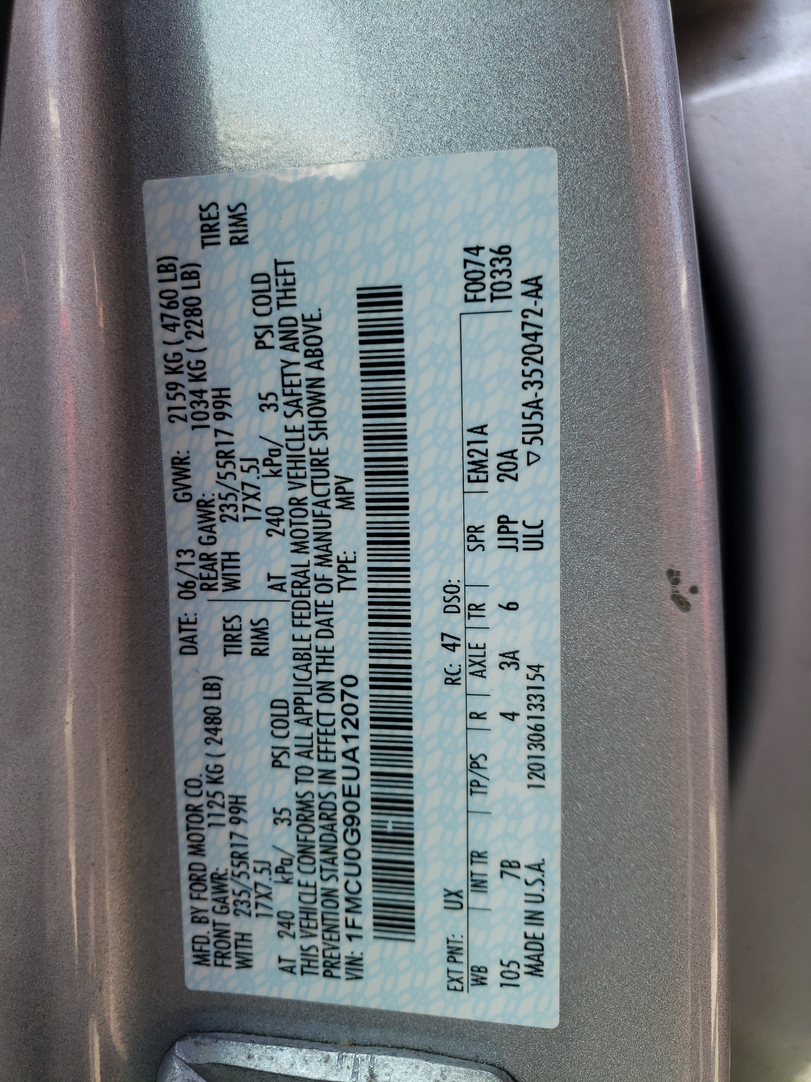 1FMCU0G90EUA12070 2014 Ford Escape Se