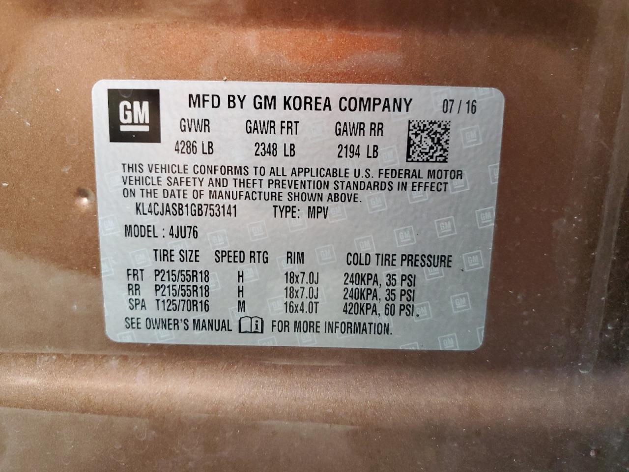 2016 Buick Encore VIN: KL4CJASB1GB753141 Lot: 65055764