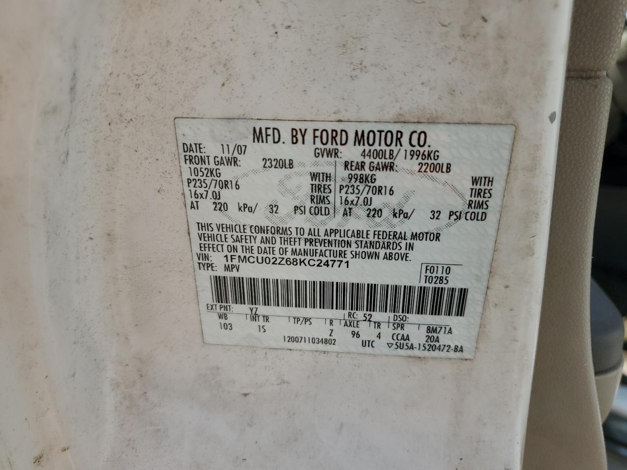 2008 Ford Escape Xls VIN: 1FMCU02Z68KC24771 Lot: 66152414