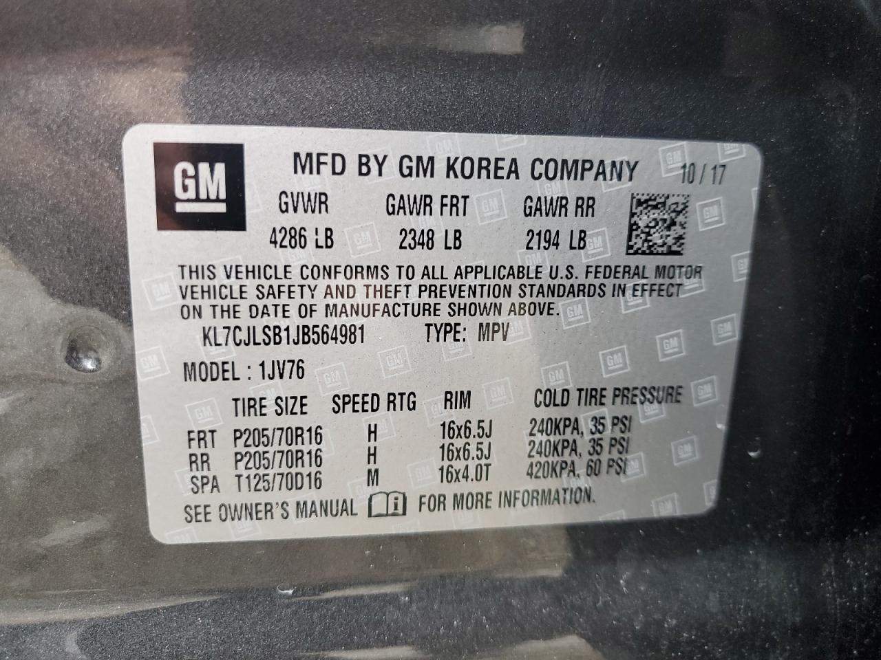 2018 Chevrolet Trax 1Lt VIN: KL7CJLSB1JB564981 Lot: 66115574