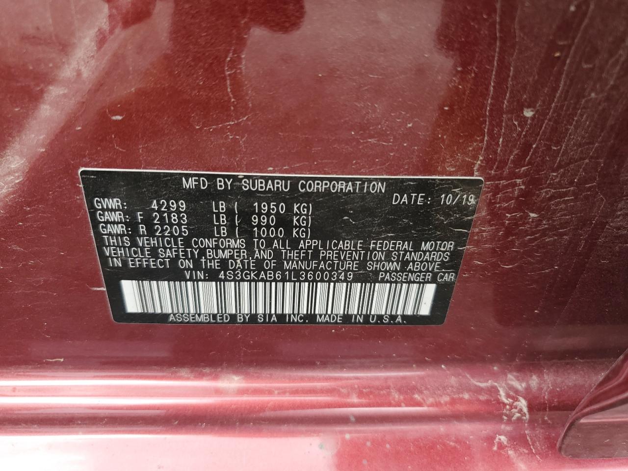 2020 Subaru Impreza VIN: 4S3GKAB61L3600349 Lot: 66335724