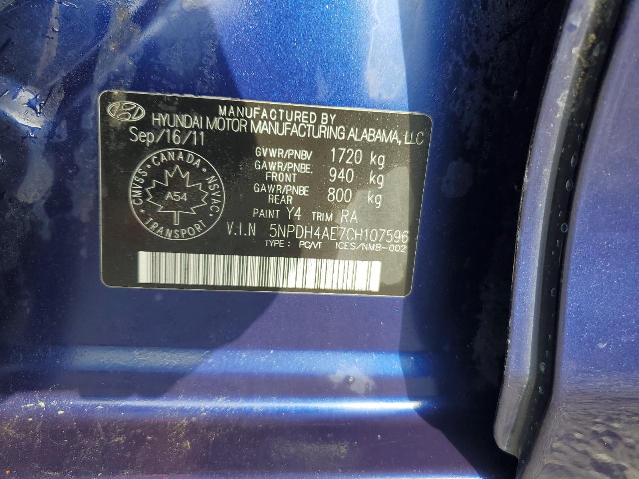 2012 Hyundai Elantra Gls VIN: 5NPDH4AE7CH107596 Lot: 68606344