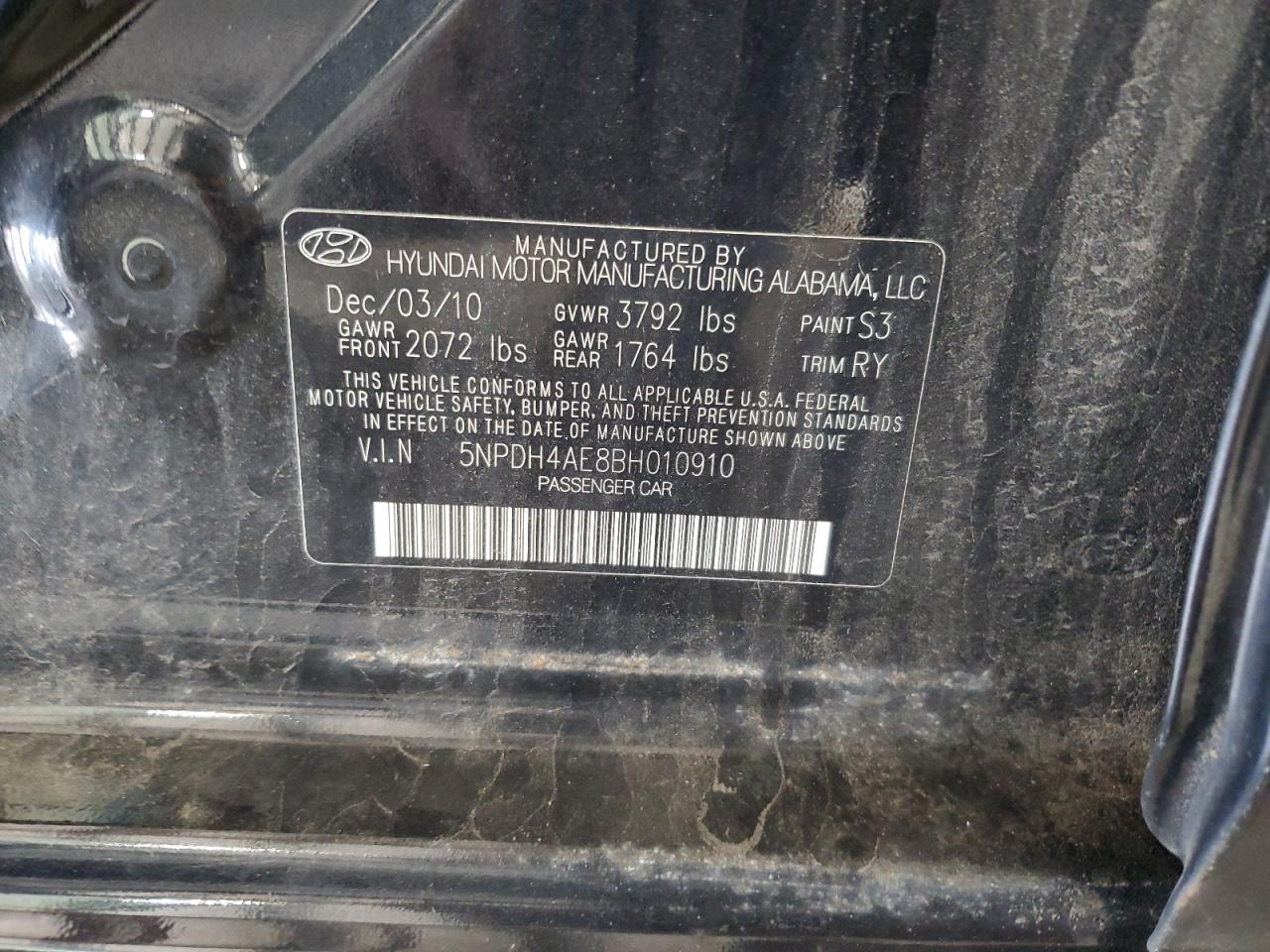 2011 Hyundai Elantra Gls VIN: 5NPDH4AE8BH010910 Lot: 66282564