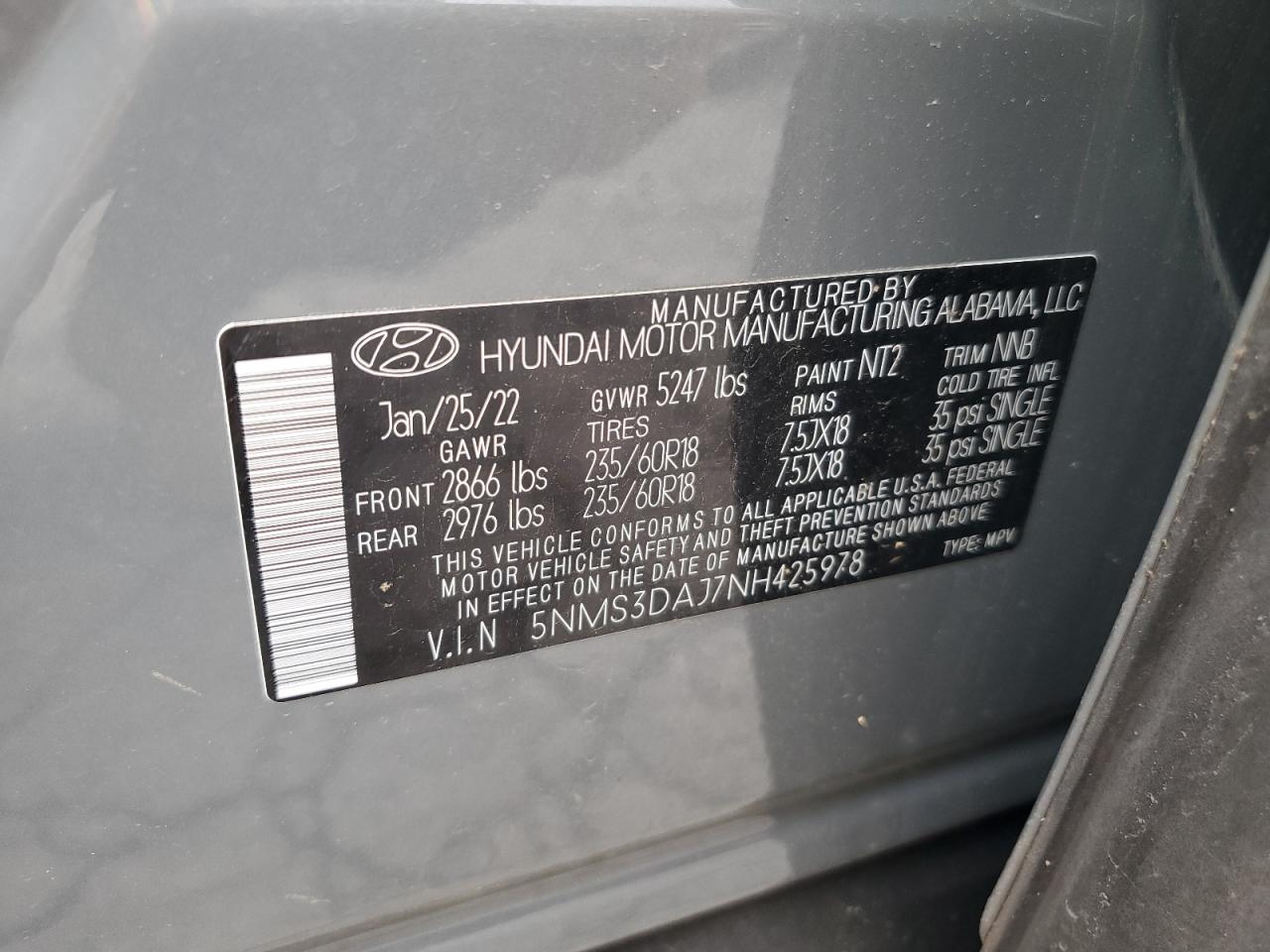 5NMS3DAJ7NH425978 2022 Hyundai Santa Fe Sel