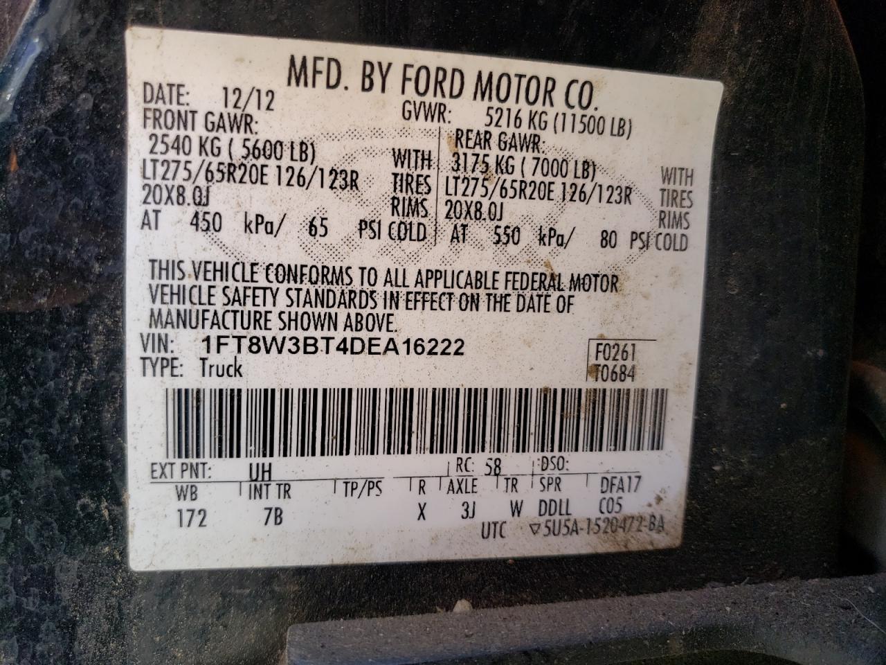 2013 Ford F350 Super Duty VIN: 1FT8W3BT4DEA16222 Lot: 66037114