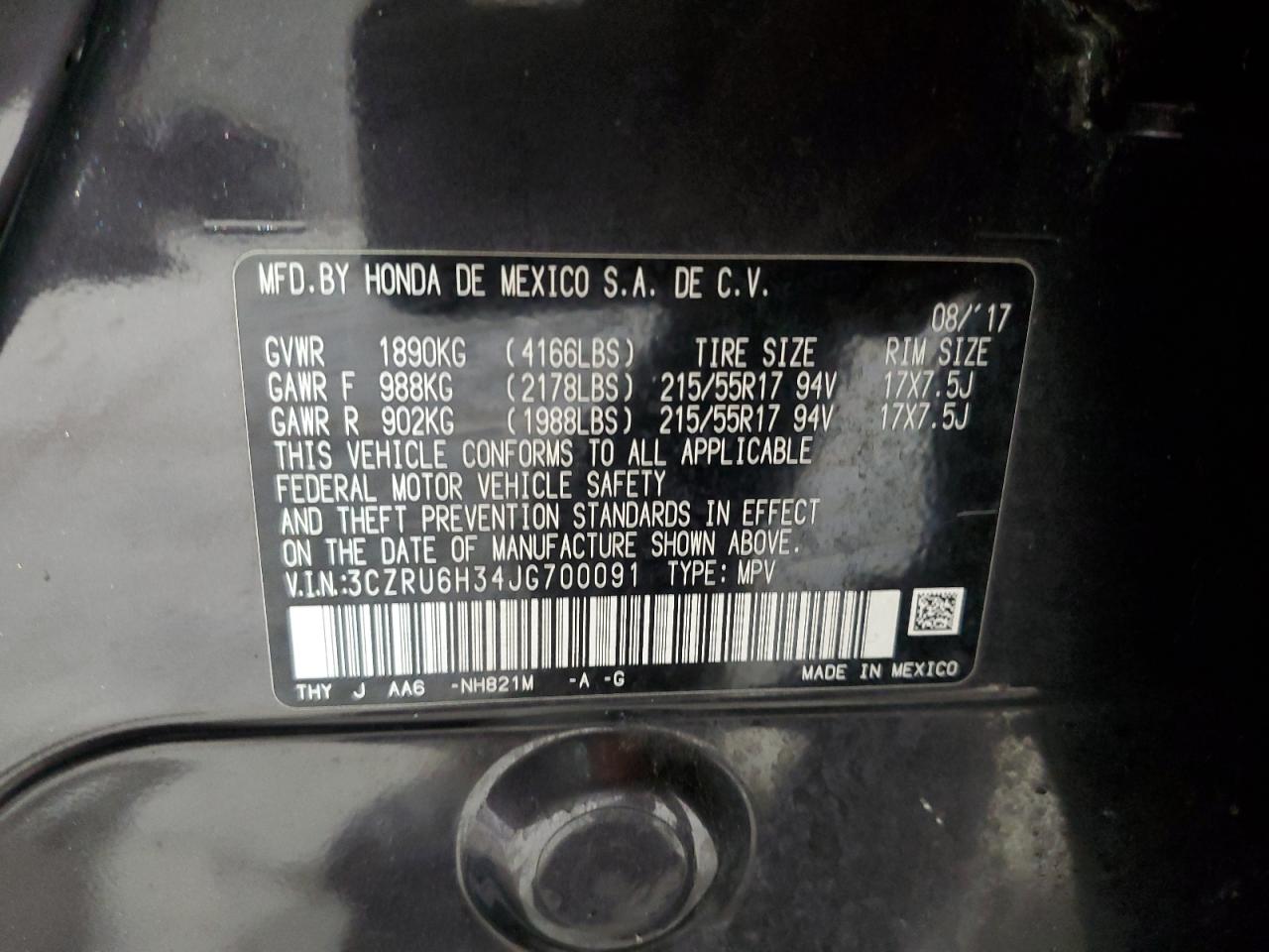 2018 Honda Hr-V Lx VIN: 3CZRU6H34JG700091 Lot: 66553844