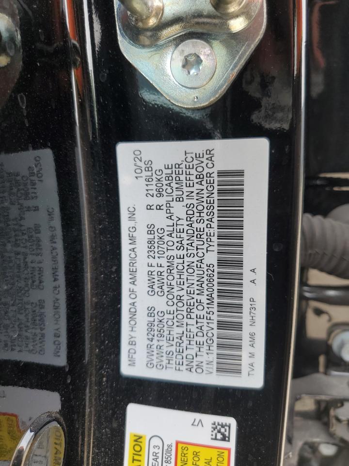 2021 Honda Accord Exl VIN: 1HGCV1F51MA006625 Lot: 65462034