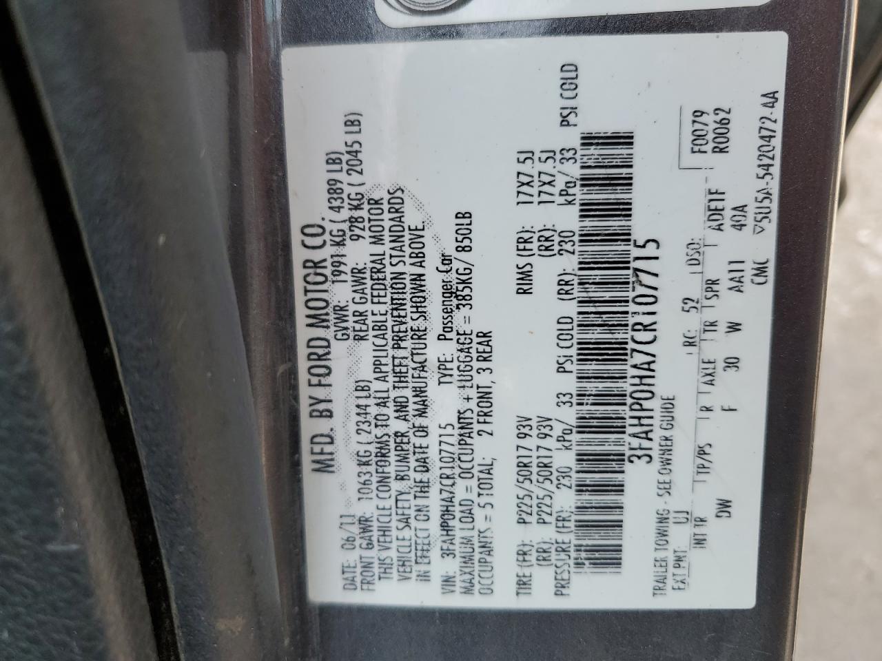 2012 Ford Fusion Se VIN: 3FAHP0HA7CR107715 Lot: 65748214