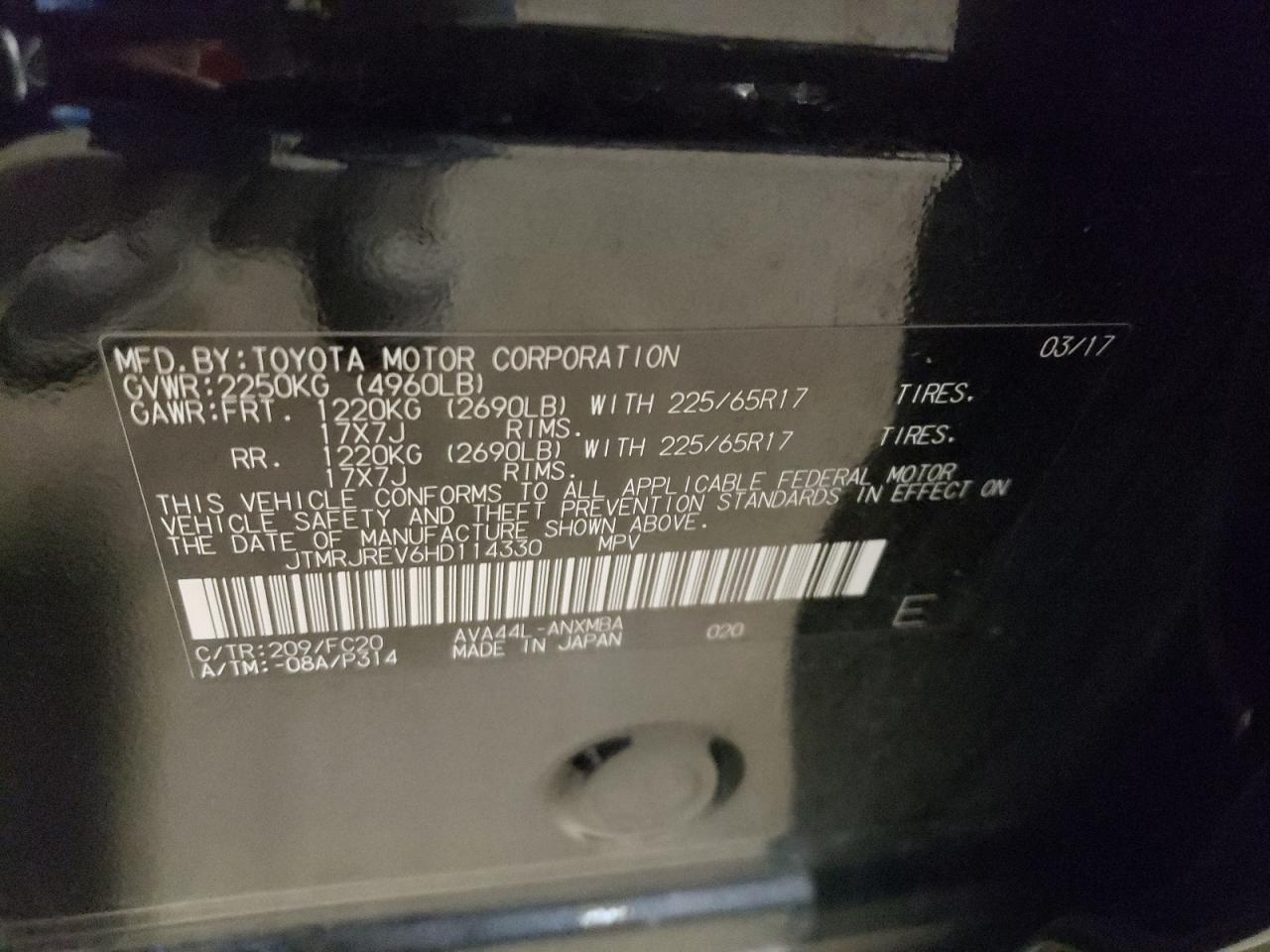 2017 Toyota Rav4 Hv Le VIN: JTMRJREV6HD114330 Lot: 65816704