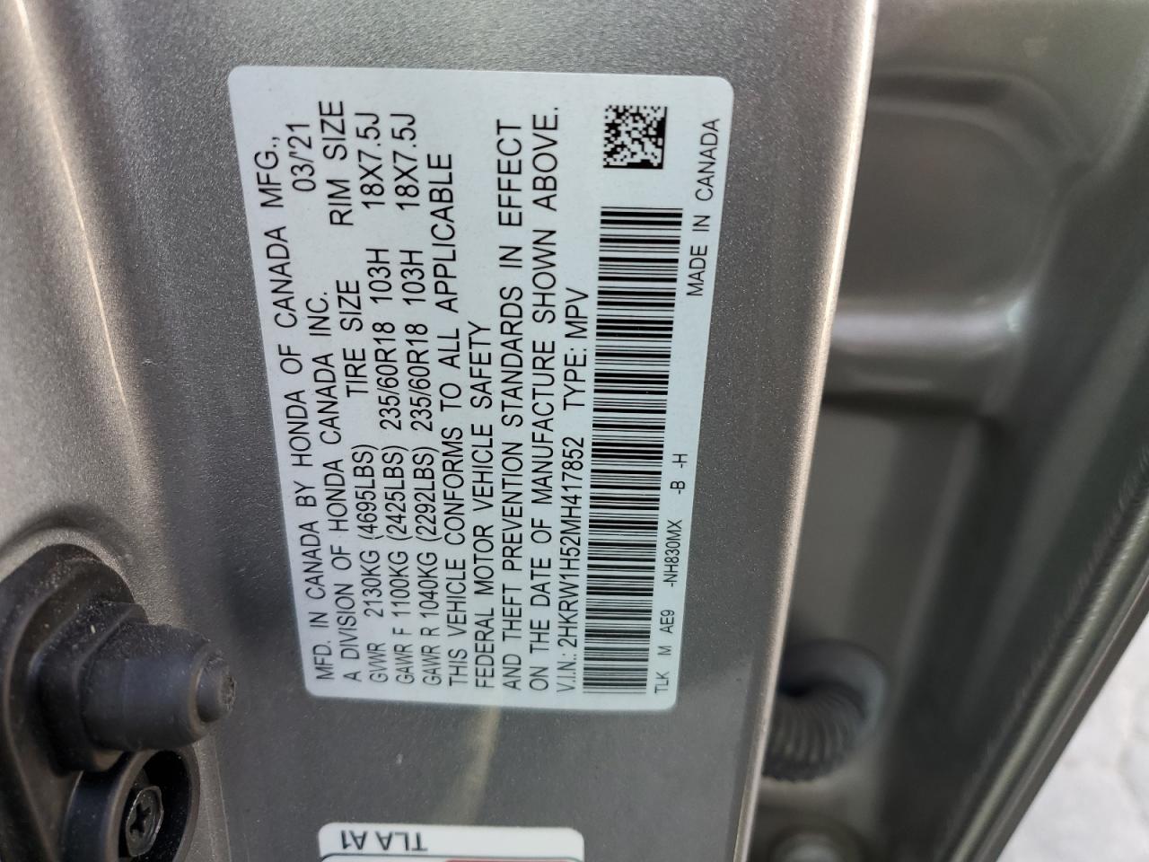 2HKRW1H52MH417852 2021 Honda Cr-V Ex