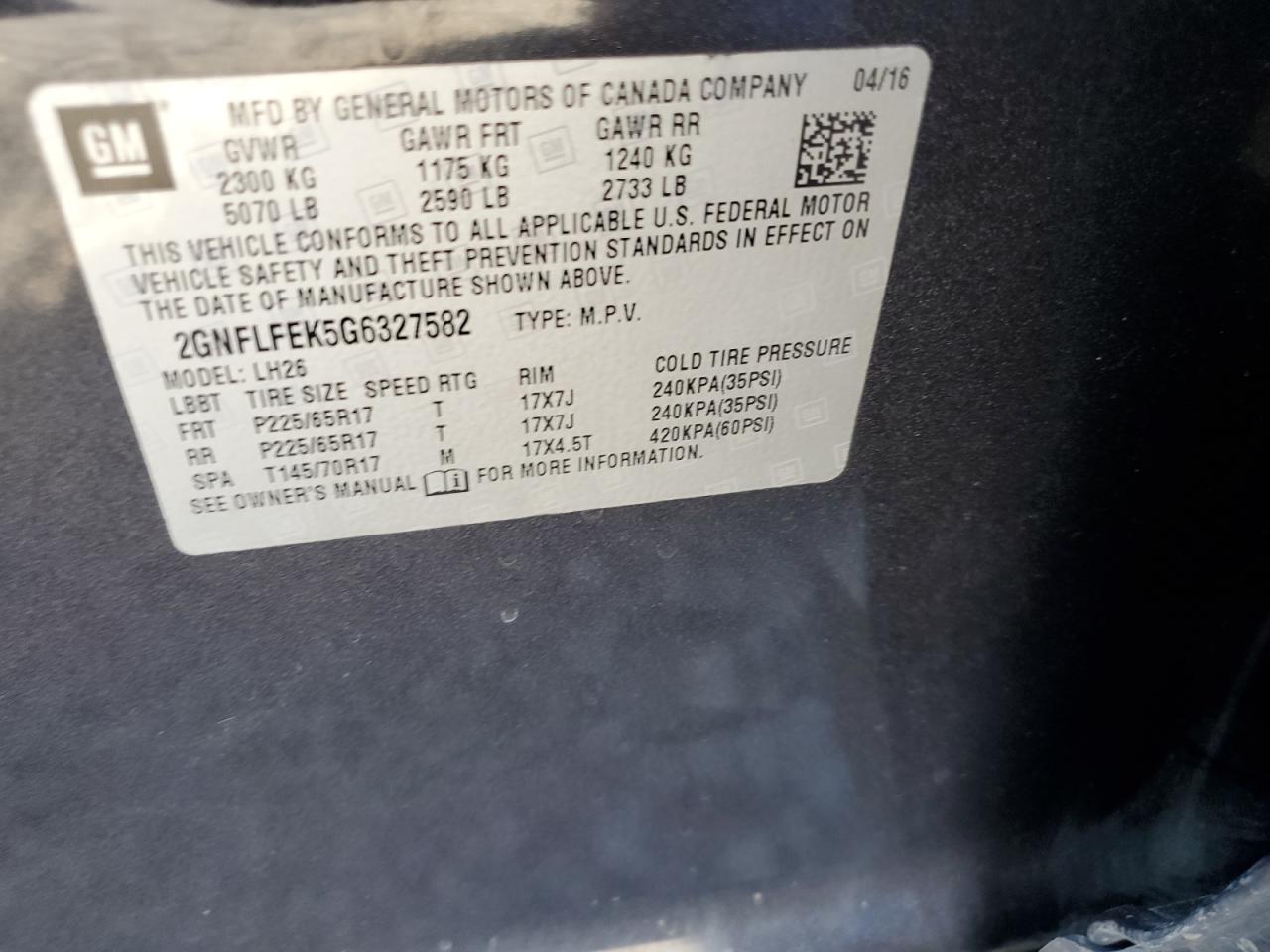 2GNFLFEK5G6327582 2016 Chevrolet Equinox Lt