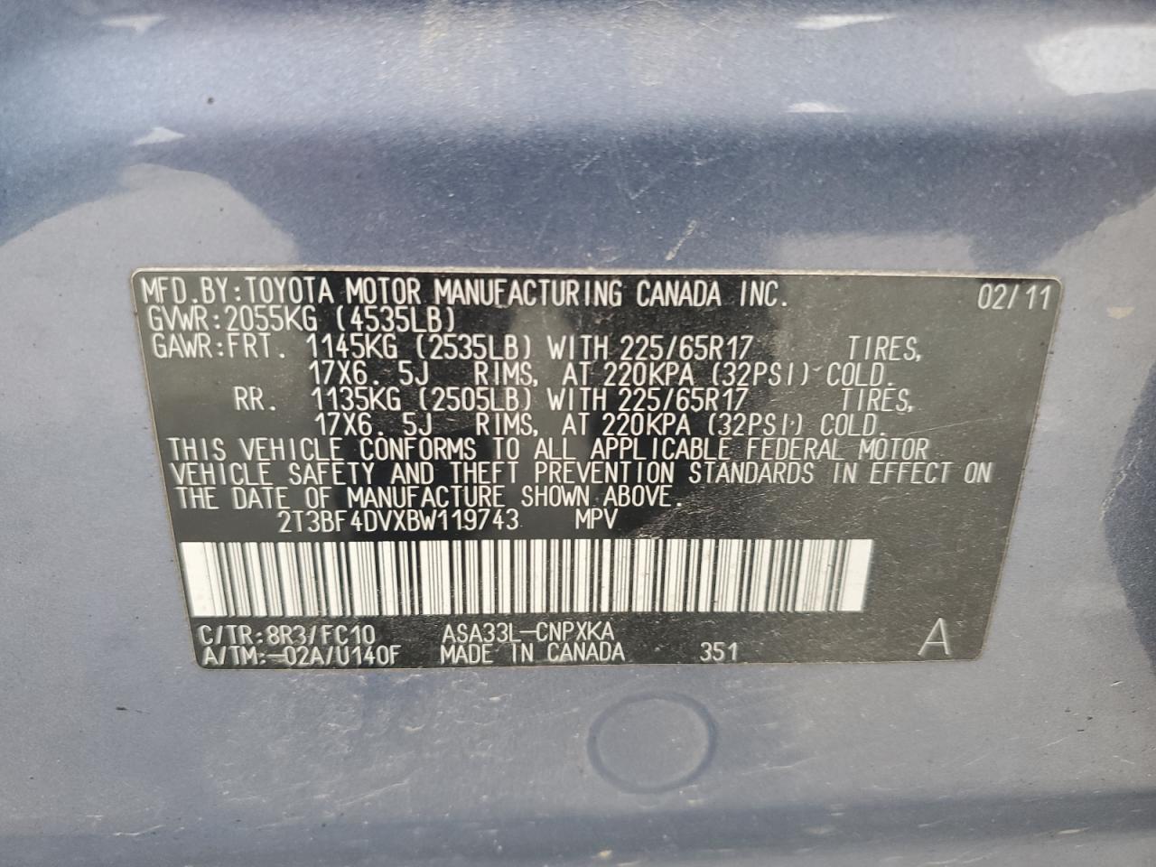 2011 Toyota Rav4 VIN: 2T3BF4DVXBW119743 Lot: 67488854