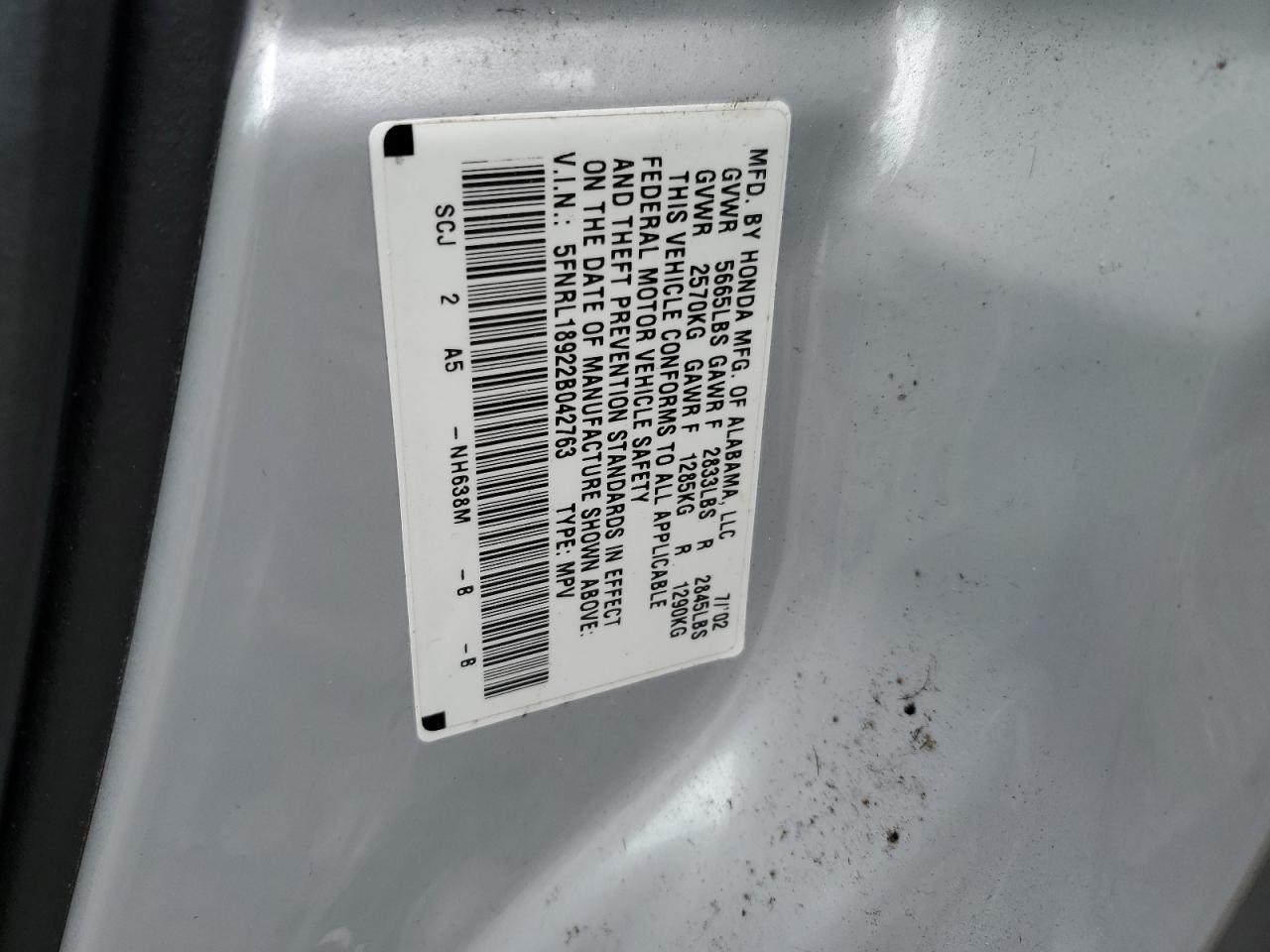 2002 Honda Odyssey Exl VIN: 5FNRL18922B042763 Lot: 66384244