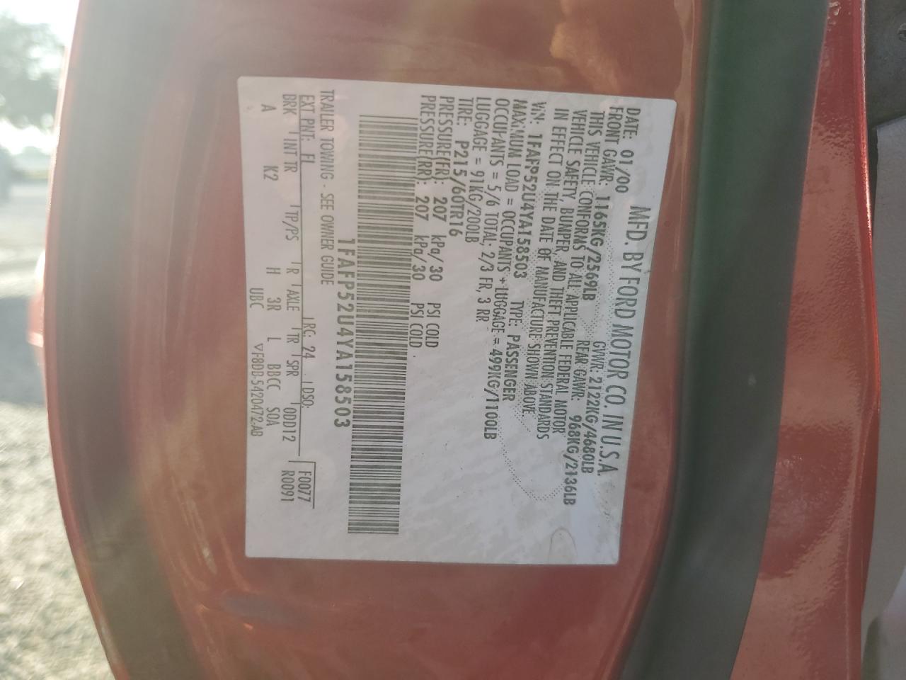 2000 Ford Taurus Lx VIN: 1FAFP52U4YA158503 Lot: 68612044