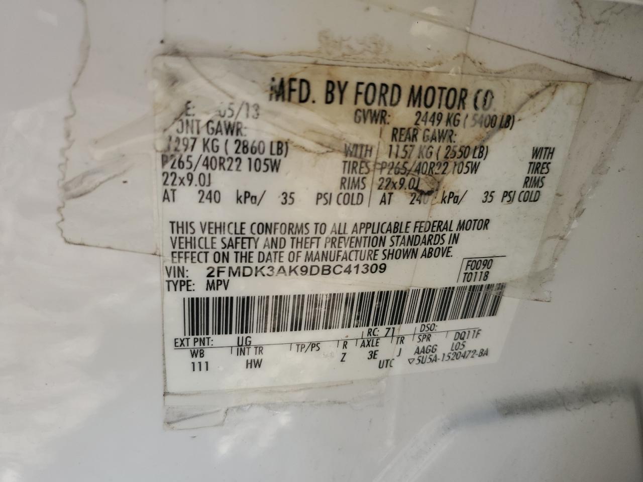 2FMDK3AK9DBC41309 2013 Ford Edge Sport