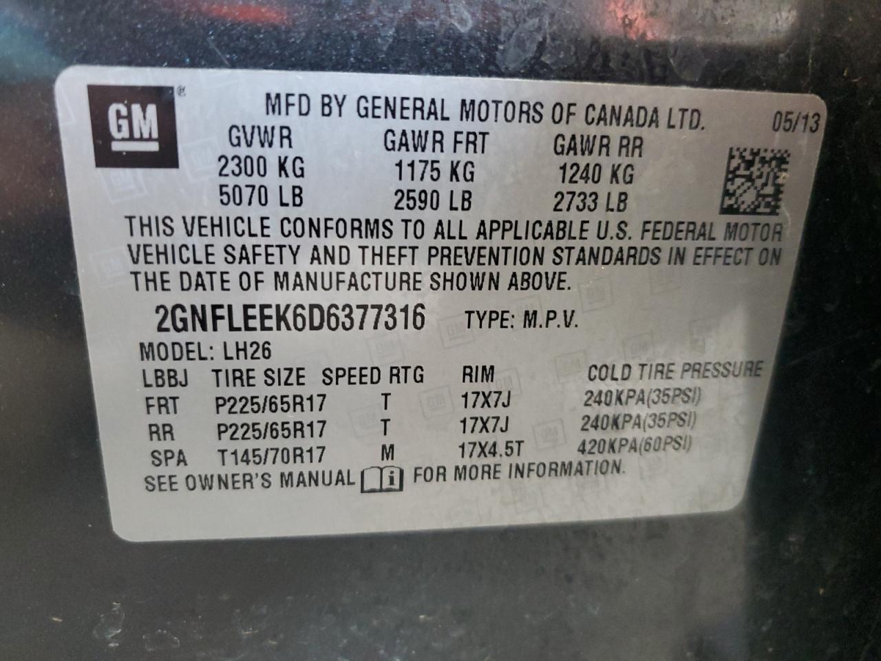 2GNFLEEK6D6377316 2013 Chevrolet Equinox Lt