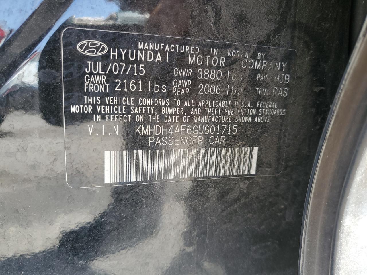 2016 Hyundai Elantra Se VIN: KMHDH4AE6GU601715 Lot: 65779824